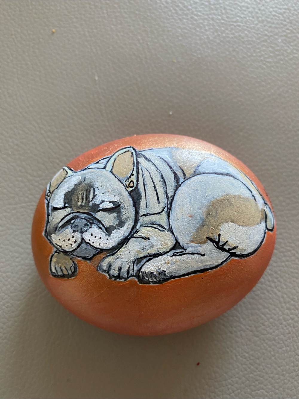 Rock Art Hand-Painted Orange Frenchie Bulldog  Sleeping on Natural stone